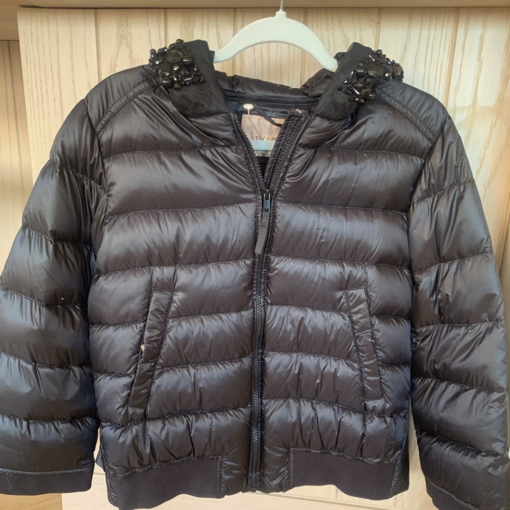 Twin-set black puffer with beaded hood and back ruffle super high style